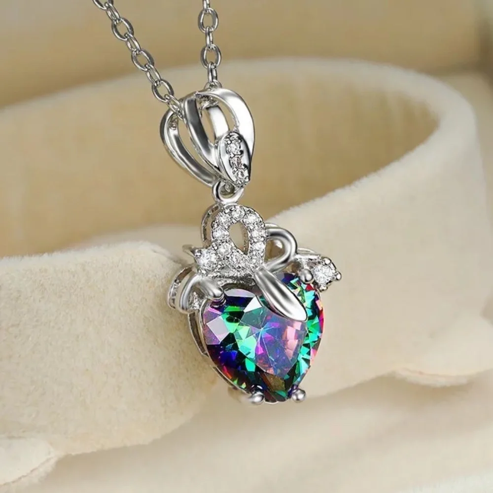 Sterling Silver Rainbow Zircon Stone Multicolor Pendant Necklace